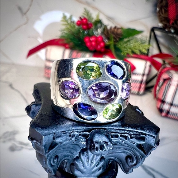 Gorgeous Vintage Heavy Sterling Multi Gemstone Ring 1960's - Picture 5 of 11